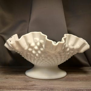 Vintage Hobnail White Milk Glass Ruffled Edge Pedestal Bowl,  10.5 Inch Diameter