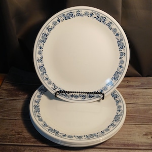 Corelle Old Town Blue 10" Dinner Plates - Navy Blue Onion Floral Paisley Filigree on White Glass Dishes Set of 6