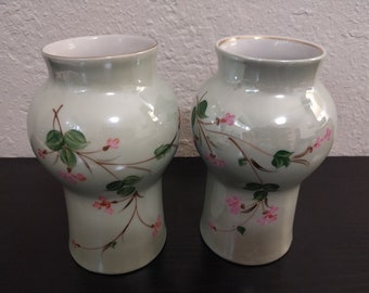 Pair of Vintage Green Celadon Lusterwear Vases with Handpainted with Pink Blossoms and Gold Rims