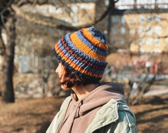 Hand Knit Colorful Striped wool Beanie | Outdoorsy, Fluffy, soft wool Hat | Warm Hand made scrap Hat | Chunky wool hat