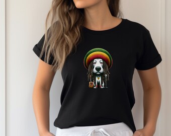May include: A black t-shirt with a cartoon dog wearing a red, yellow, and green hat and dreadlocks. The dog is holding a microphone and a guitar.