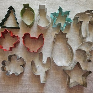 Può includere: Un set di 12 tagliabiscotti in metallo di varie forme, tra cui un albero di Natale, un pupazzo di neve, un fiocco di neve, un ananas, un cactus, una foglia d'acero, un tacchino, un fenicottero, una palma, una stella, un fiore e una foglia. I tagliabiscotti sono tutti di colore argento e hanno una finitura lucida.