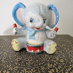 Vintage Napco Blue Elephant Drummer Ceramic Planter, Knick Knack, Figurine