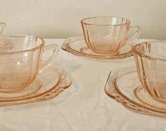 Vintage Pink Depression Style Tea Cups And Saucers