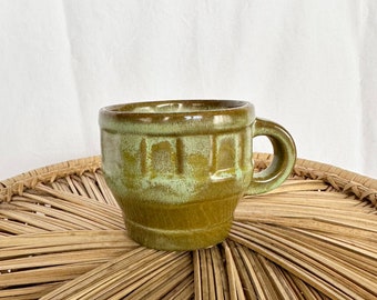 Vintage Mid Century 60s Frankoma Pottery Prairie Green Brown Wagon Wheel Coffee Mug Set Of One