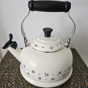 May include: Cream-colored enamel tea kettle with a black handle and spout lever. The kettle features a floral pattern of red, blue, and green accents. The handle and the supports are made of stainless steel. The kettle is sitting on a decorative surface.