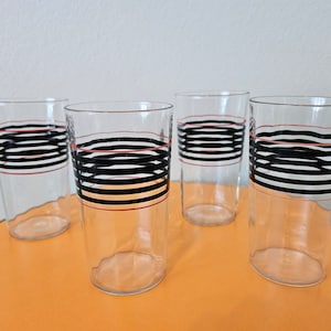 Vintage Libbey Style Black and Red Striped Glasses, Cups, Kitchenware