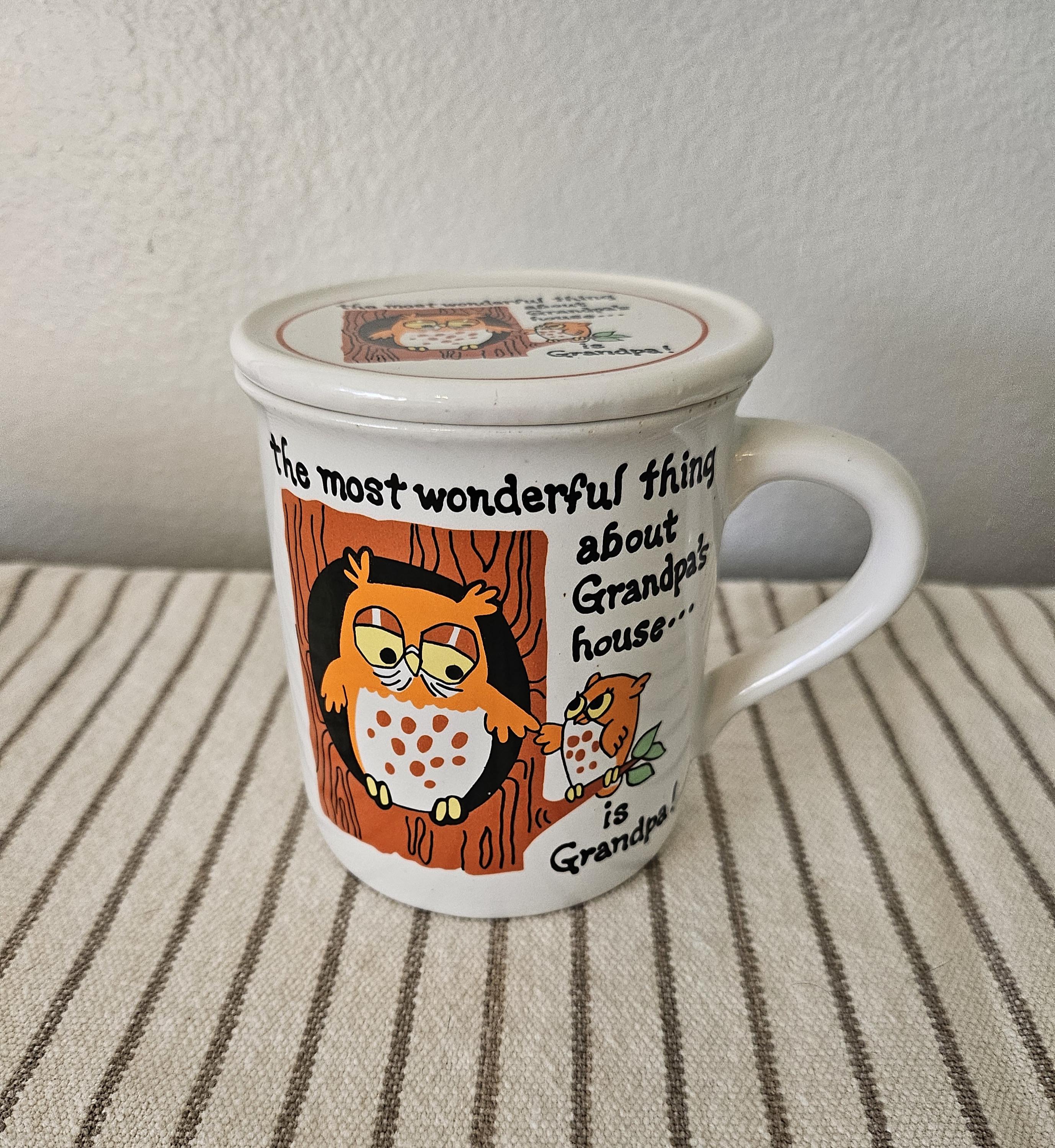 Vintage Grandpa Owl Mug with Coaster Lid