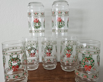 Vintage Indiana Glass Christmas Glasses, Holiday Glasses, Tumblers, Glassware, Kitchenware