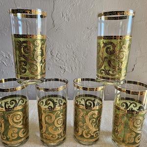 Vintage Culver Green Glasses, Retro Toledo Green Highball Tumblers, MCM Kitchenware, Barware, Glassware