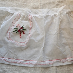 Vintage Sheer Christmas Apron, Half Apron, Candy Cane, Handmade, Red Apron, Kitchenware