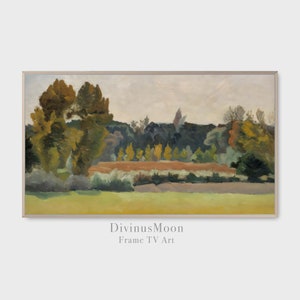 May include: A painting of a landscape with trees and a field in the foreground. The trees are a mix of green and brown, and the field is a light green. The sky is a light blue with some clouds.