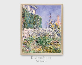 Paisaje de jardín impresionista vertical con flores en flor / Amarillo verde azul / Descarga digital para imprimir y enmarcar / DS1044