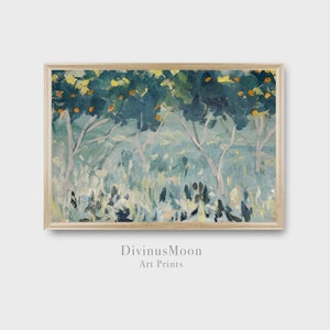 May include: A painting depicting a landscape with trees and a blue sky. The trees are painted in a loose, impressionistic style, with visible brushstrokes. The sky is a light blue, with some clouds visible. The painting is framed in a simple, wooden frame.