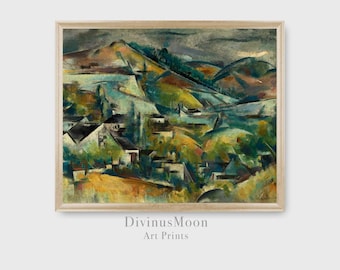 Peut inclure: Une peinture représentant un paysage avec un village au premier plan et des collines en arrière-plan. La peinture est réalisée dans un style cubiste avec des couleurs vives et des formes géométriques. Les couleurs dominantes sont le vert, le bleu et le jaune.