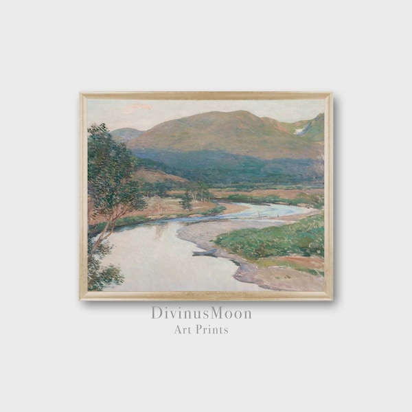 Print of river, mountain and fishermen painted in soft neutral tones of green, brown and blue. Digital download to print and frame DS1122