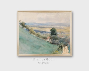 Paisagem rústica de morros e pastagens, verde suave, amarelo e azul. Download digital para imprimir e emoldurar DS1169