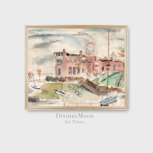 Watercolor Print of European Seaside Resort with Beach and Sailboats | Soft Pastels Rose Pink Blue Green Beige | DS1063