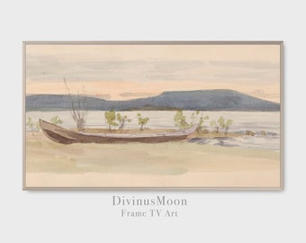 Arte da TV The Frame | Praia Costeira Neutra e Pequeno Barco | Arte em Alta Definição | Download digital para instalação rápida na TV Samsung | DT5009