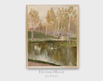 Cisne em um lago em um parque, arte de parede de paisagem vertical, verde amarelo bege. Download digital para imprimir e emoldurar DS1165