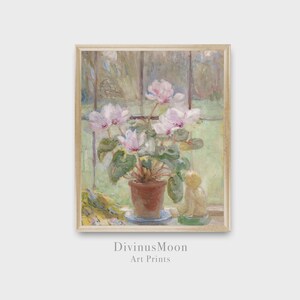 Flower pot with pink blooms on windowsill, painted in soft pastels, green yellow and pink. Digital download to print and frame DS1134