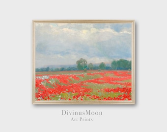 Campo de flores vermelhas e brancas, paisagem impressionista pintada em azul, cinza, verde e vermelho. Download digital para imprimir e emoldurar DS1152