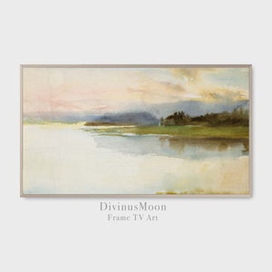 May include: A watercolor painting of a landscape with a lake, trees, and a cloudy sky. The colors are soft and muted, with shades of blue, green, and pink.