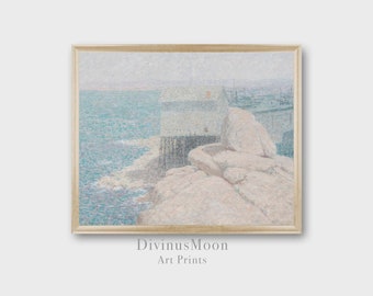 Impressão impressionista de marina costeira rochosa, azul pastel suave, cinza, bege. Decoração de casa de praia. Download digital para imprimir e emoldurar DS1130