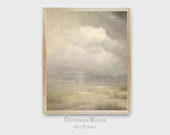 Veleiros costeiros e céu nublado | Paisagem Impressionista | Arte cinza verde neutra | Casa de Praia | Download digital, impressão e moldura DS1109
