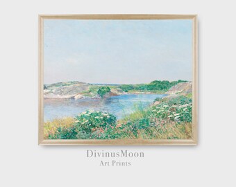 Lagoa costeira rochosa com flores silvestres de verão | Paisagem Impressionista | Azul Verde Branco | Download digital para impressão e moldura | DS1105