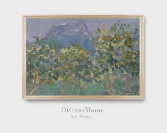 Mountain landscape with orange trees, impressionist landscape, blue green orange. Digital download to print and frame DS1154