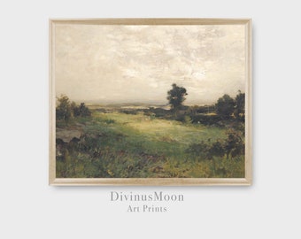 May include: A painting of a landscape with a field of green grass, a few trees, and a cloudy sky. The painting is in a light brown frame.