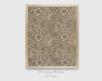 Pattern Print of Marigolds and Leaves | Arts and Crafts Design in Olive Green and Beige | Digital Download to Print and Frame | DS1076