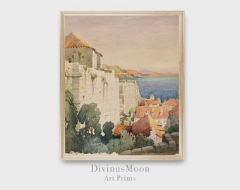 Vila mediterrânea à beira-mar na colina, impressão vintage de paisagem vertical, branco laranja verde azul. Download digital para imprimir e emoldurar DS1167