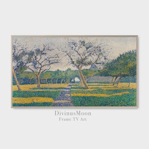 Könnte beinhalten: Ein pointillistisches Gemälde einer Landschaft mit Bäumen und einem Weg, der zu einer Lichtung führt. Die Bäume sind grün und gelb, und der Weg ist hellblau. Der Himmel ist hellblau mit weißen Wolken. Das Gemälde ist in einem hellbraunen Rahmen gerahmt.