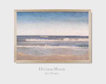 Praia com ondas quebrando em paleta suave de azul e marrom. Decoração costeira. Download digital para imprimir e emoldurar DS1125