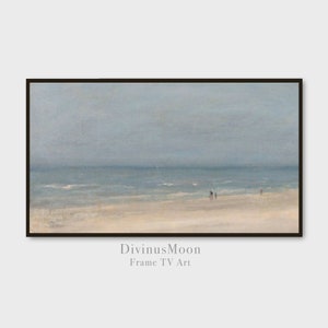 May include: A painting of a seascape with a sandy beach and a blue sky. The water is calm and the sky is cloudy. There are a few people walking on the beach in the distance.