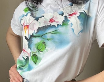 Hand painted t shirt, flowers painting, Custom botanical shirt, white t-shirt, blue flowers, women’s t-shirt