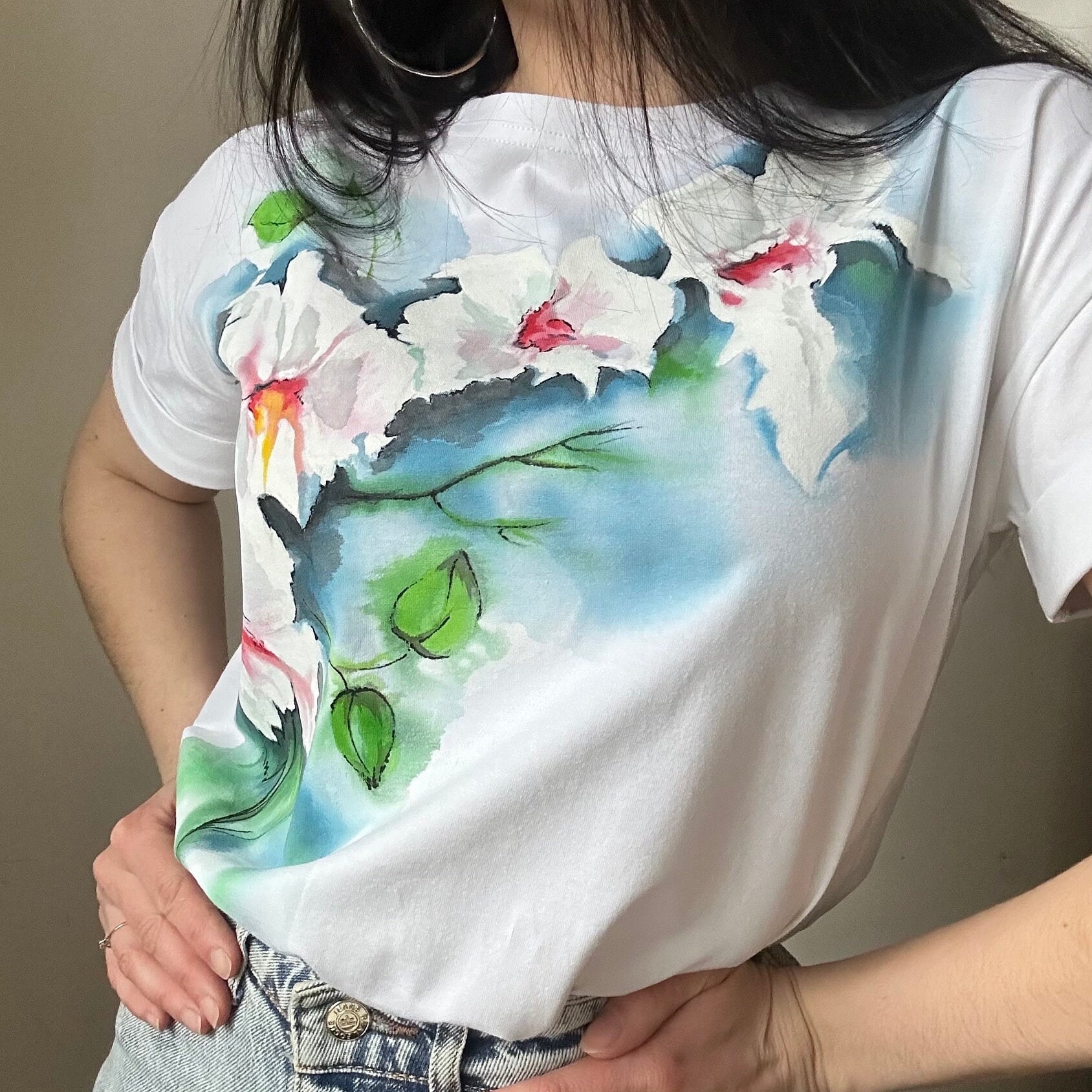 VoloshynaArtStudio Hand Painted T Shirt Flowers Painting Custom Botanical Shirt White T Shirt Blue Flowers Women s T Shirt