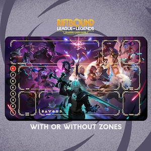 以下が含まれることがあります： 「Riftbound League of Legends Trading Card Game」用の長方形プレイマット。紫、青、白の色合いでキャラクターの鮮やかなイラストが描かれています。「Battlefield」、「Base」、「Runes」、「Main Deck」などのテキストが含まれています。「With or Without Zones」のテキストが下にあります。