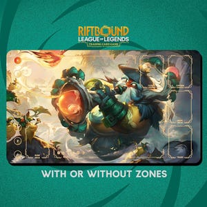 May include: A rectangular Riftbound League of Legends trading card game playmat. The mat features a detailed illustration of a character with a large orange orb. Text on the mat includes "Rune Deck", "Main Deck", and "Trash". The text "With or Without Zones" is at the bottom.