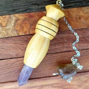 Stunning Indian satinwood pendulum with double pointed amethyst crystal, 8x1.9 centimeters, 12 grams