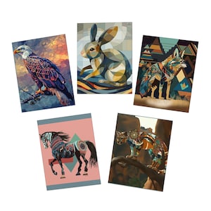 Wenskaarten, Azteekse geometrische ontwerpen wilde dieren, 5-pack, adelaar, leeuw, konijn, coyote, paard, blanco binnenkant, verjaardagskaarten, bedankkaarten,