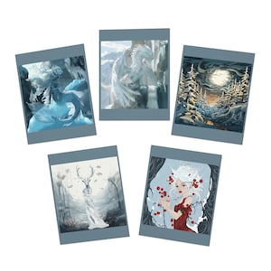 Juego de tarjetas de felicitación con temática de invierno: 5 diseños artísticos, perfectos para felicitaciones navideñas, amantes del arte, celebraciones de temporada y saludos generales