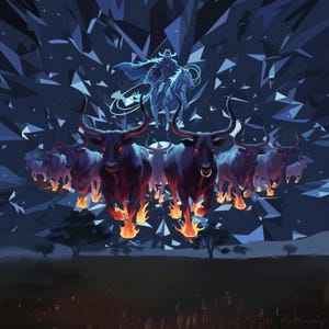 May include: A digital artwork shows a cowboy on horseback above a herd of bulls with flaming hooves. The bulls charge forward against a dark, geometric backdrop, with a starry night sky above a grassy plain.