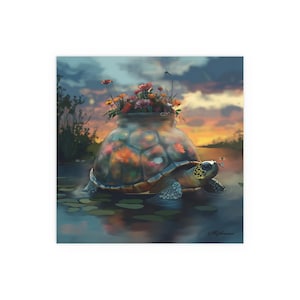 Seide Poster, Schildkröte trägt einen Garten auf dem Rücken, Muschelglas, Kunst für drinnen und draußen, Geschenk für Naturliebhaber, Wohndekor, Gartendeko