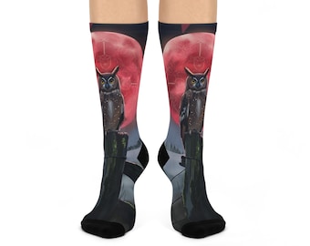 Moonlit Owl Cushioned Crew Socks, Cozy Socks for Nature Lovers