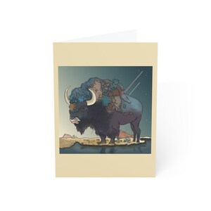 May include: A digital illustration of a blue and purple bison standing on a brown and green landscape. The bison has a large, dark blue head and a long, dark brown mane. The background is a dark blue sky with white stars and a pink and purple streak of light.
