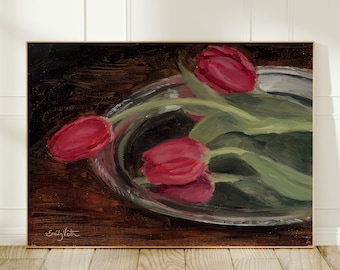 Moody Tulip Still Life Oil Painting Print - Pink Tulips Art Print - Giclee Print