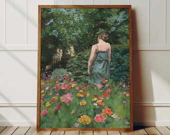 Mujer en jardín de flores - Impresión de arte Giclee - Pintura de jardín de flores